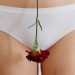 Close-up of woman's hips in white panties holding a red flower, symbolizing femininity and menstruation.